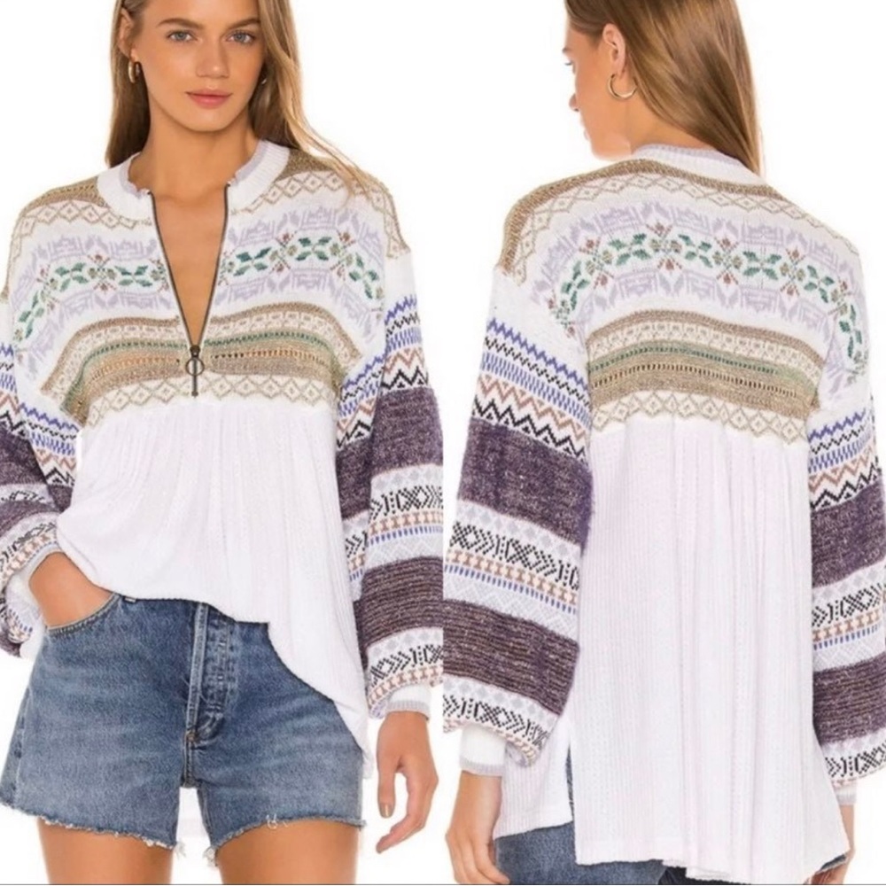 Free People Cozy Cottage Sweater Thermal Fair Isle Knit Boho White S NWT!